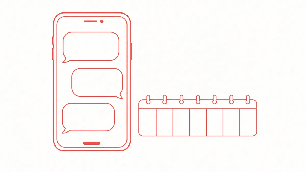 スマートフォンの空のトーク画面と1週間の予定表を描いた線画イラスト
